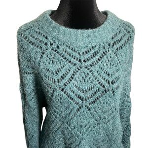 American Eagle Pointelle Crew Neck Sweater Knit Teal Oversized wool blend
